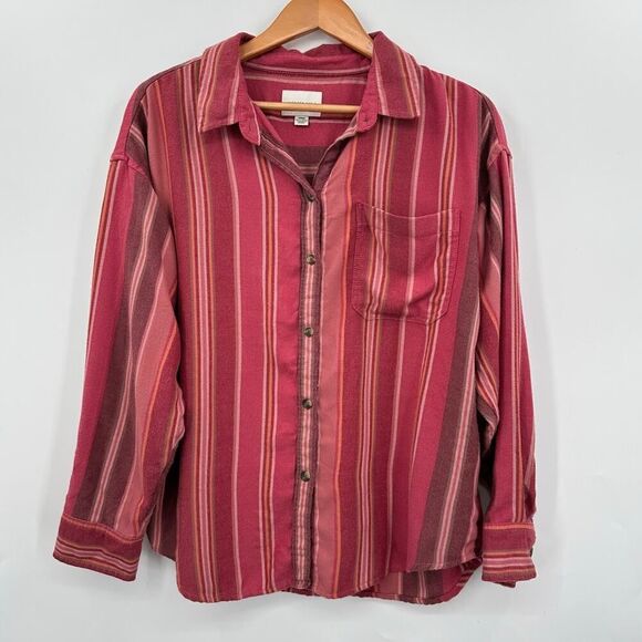 American Eagle Dyed Striped Button Down Shirt Flannel Womens Medium Red Pink - Picture 1 of 5